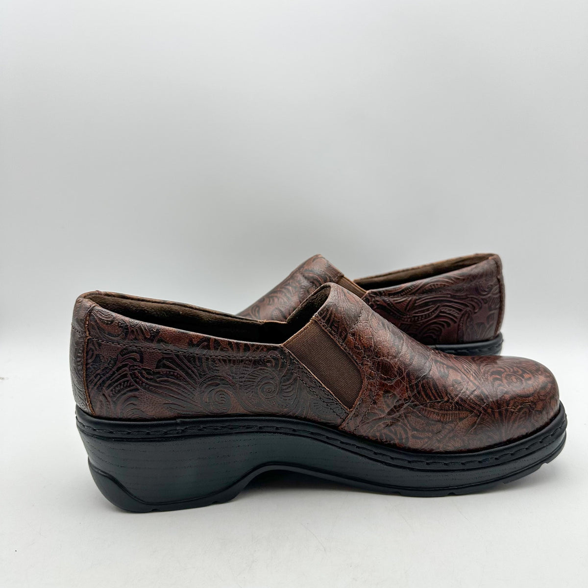 KLOGS FOOTWEAR Womens Naples Clogs Size 10 Wide Brown Embossed Floral SR NWOB