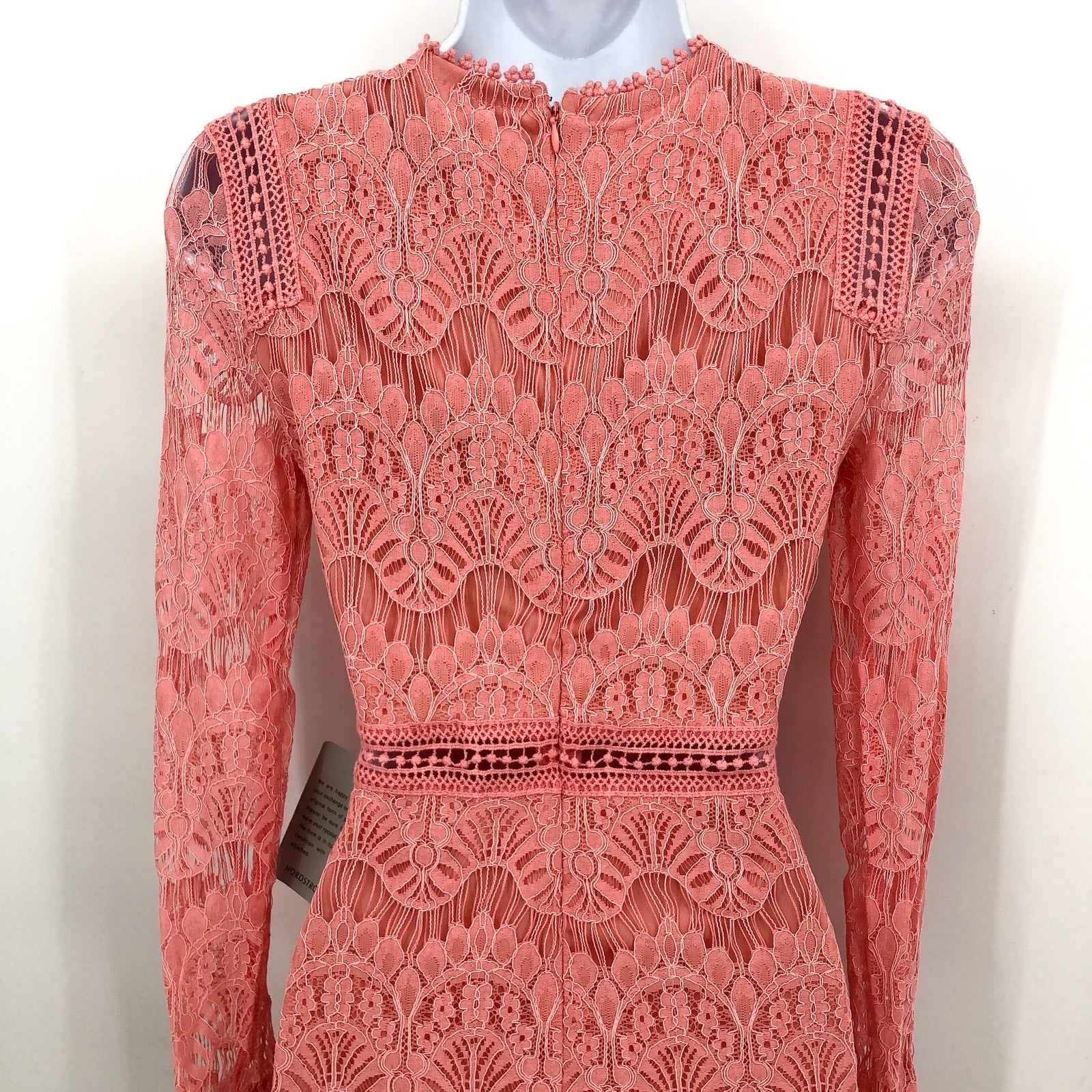 LOVE X DESIGN Women Lace Long Sleeve Midi Dress XS RosePetal Pink Jewel Neck NWT