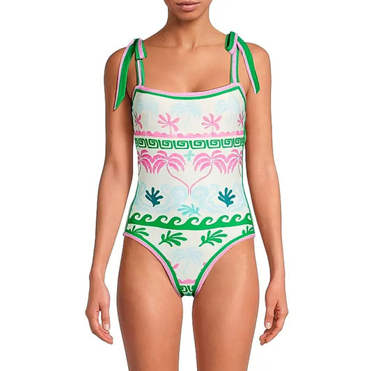 BEACH RIOT Women's Shona One Piece Swimsuit Small White Tropical Palm Print