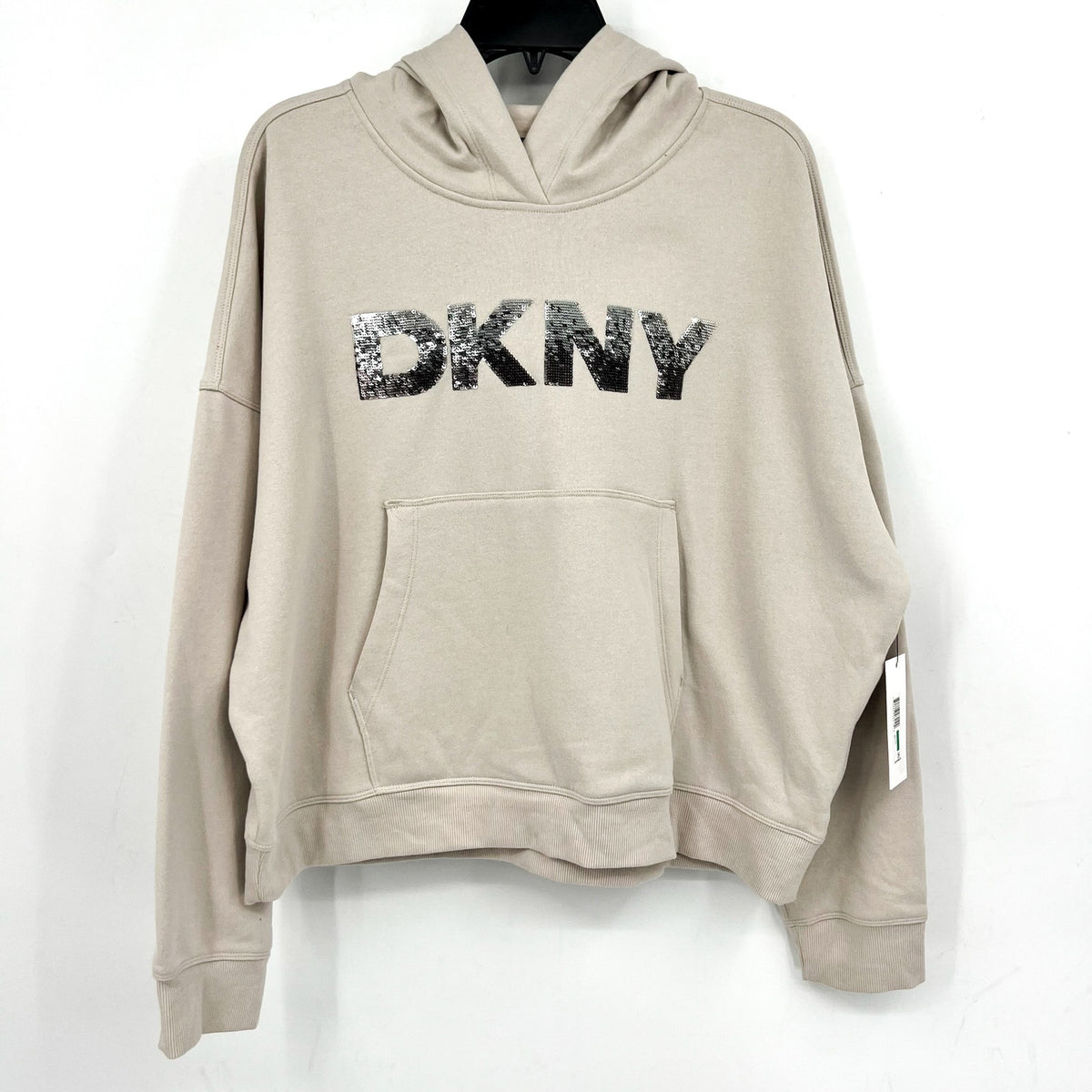 DKNY Women's Sequin Fleece Hoodie Large Taupe Tan Pullover Sweatshirt NWT