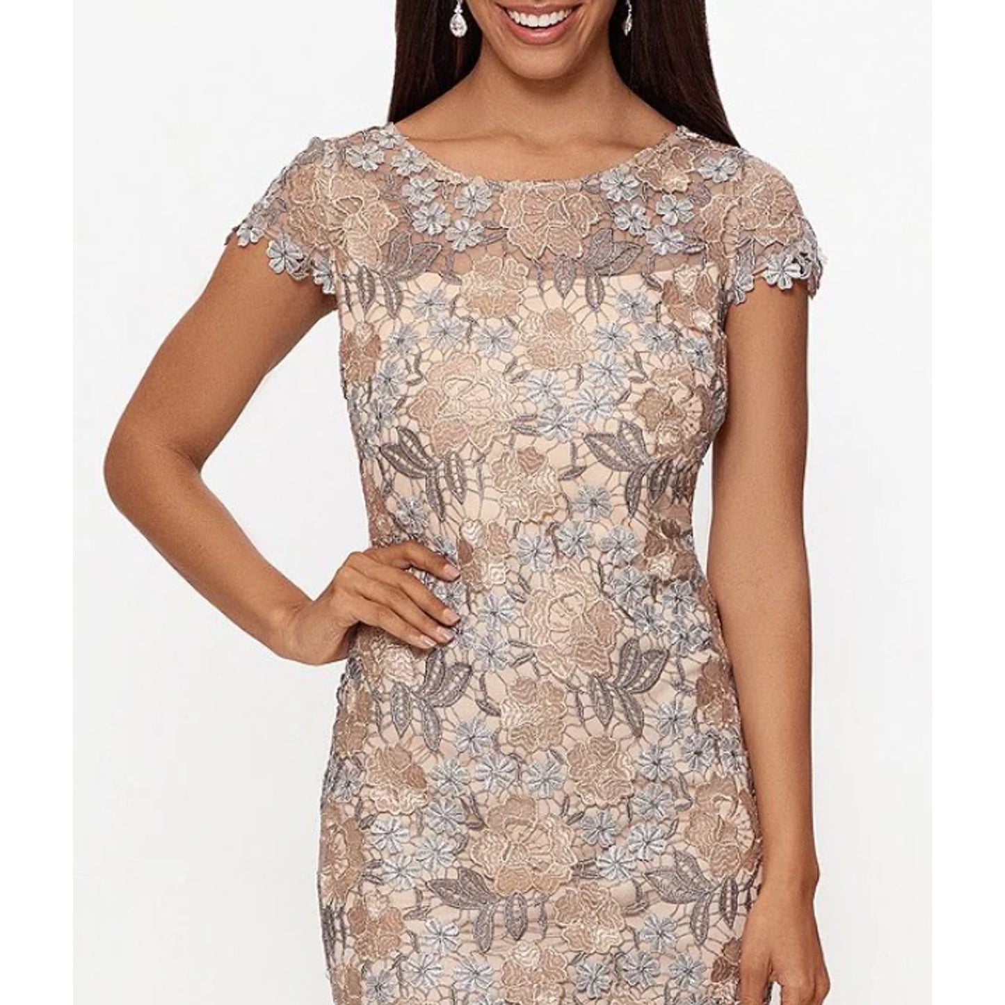 XSCAPE Floral Lace Sheath Dress Size 6 Rose Gold Short Sleeve Boat Neck NWOT