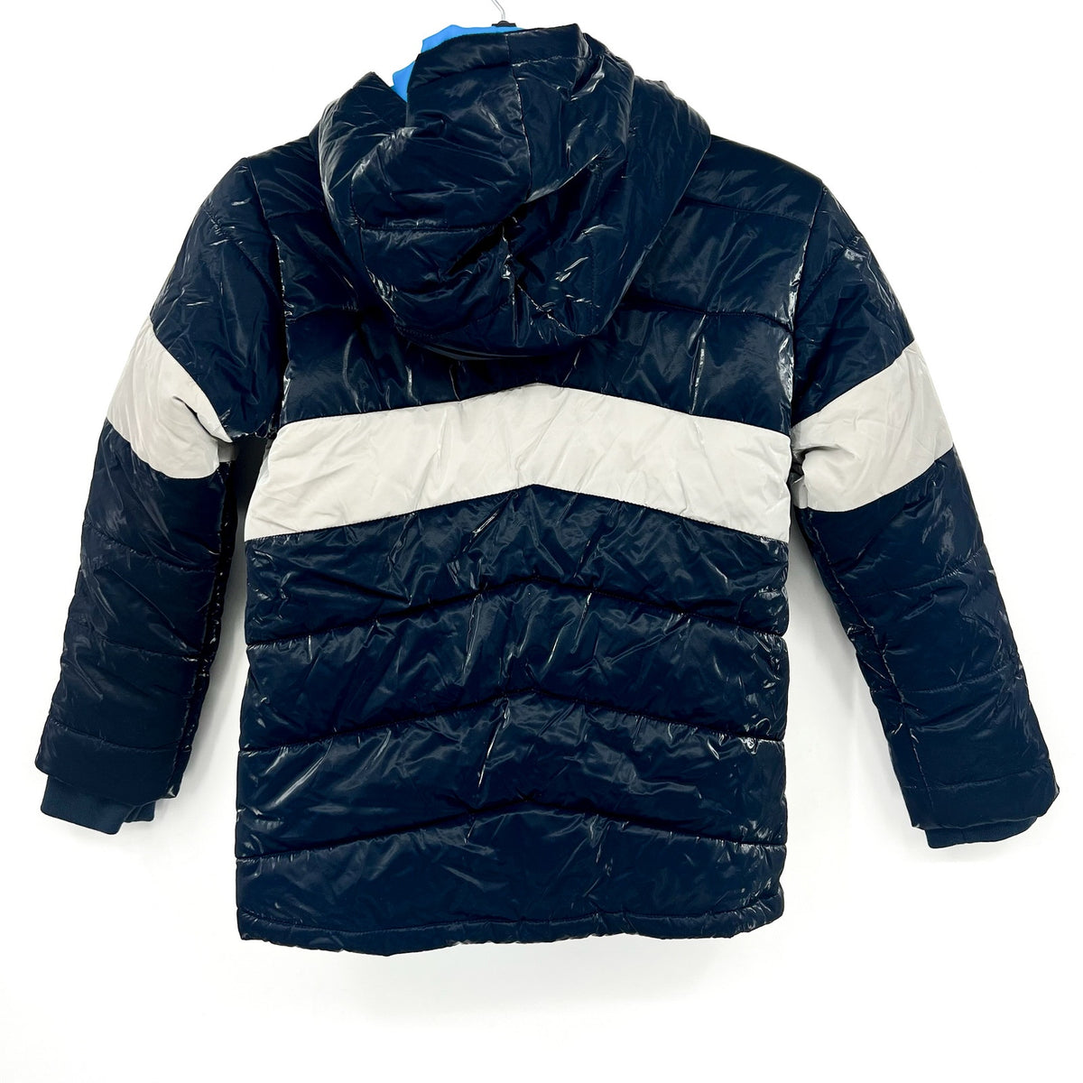 HATLEY Boys Shark Skin Puffer Jacket Size 8 Navy Blue Colorblock Hooded NWT