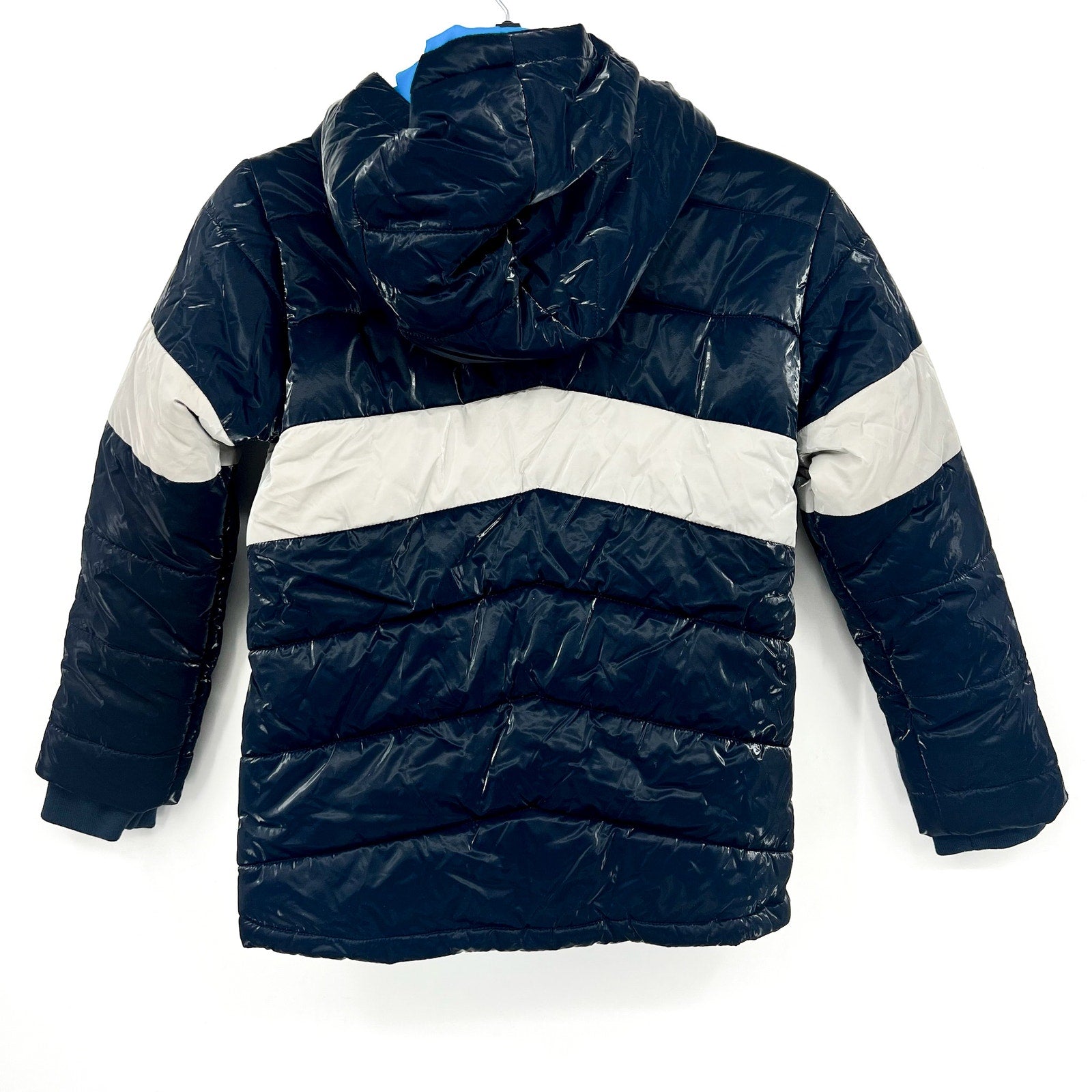 HATLEY Boys Shark Skin Puffer Jacket Size 8 Navy Blue Colorblock Hooded NWT