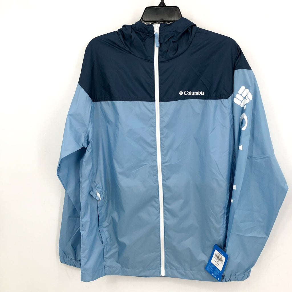 COLUMBIA Mens Flash Challenger Novelty Windbreaker Medium Blue Hooded Jacket NWT