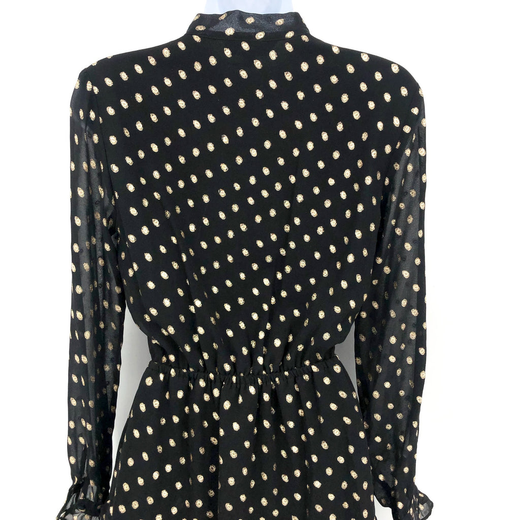 NANETTE LEPORE Metallic Dot Dress Size 2 Black Gold Chiffon Ruffle Neck NWT