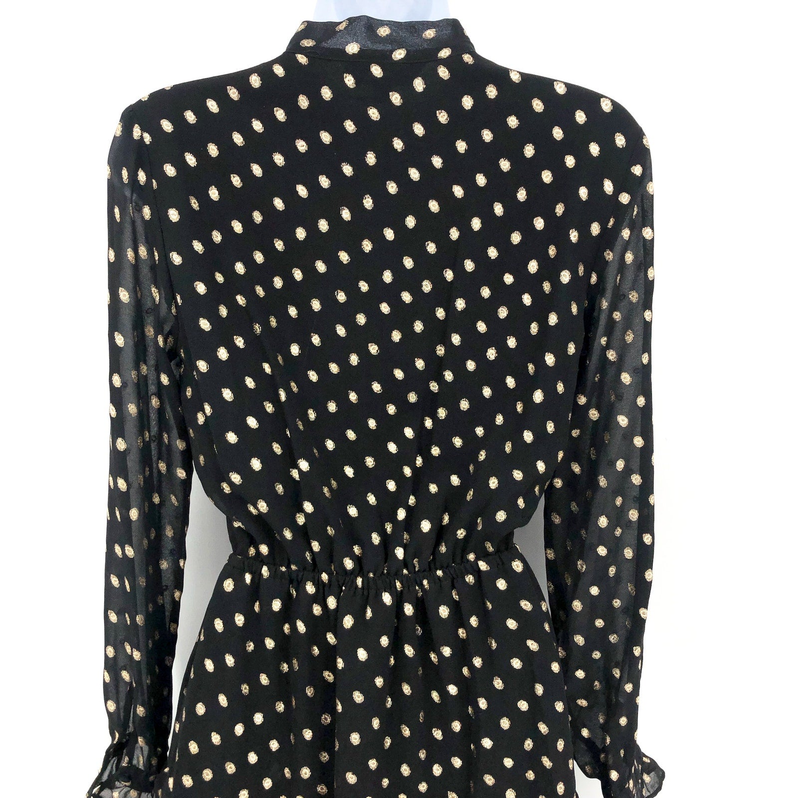 NANETTE LEPORE Metallic Dot Dress Size 2 Black Gold Chiffon Ruffle Neck NWT