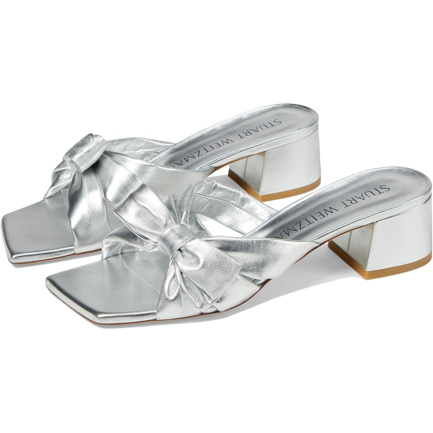 Stuart Weitzman Womens Sofia 45 Slide High Heels Size 6 Silver Leather Bow NIB