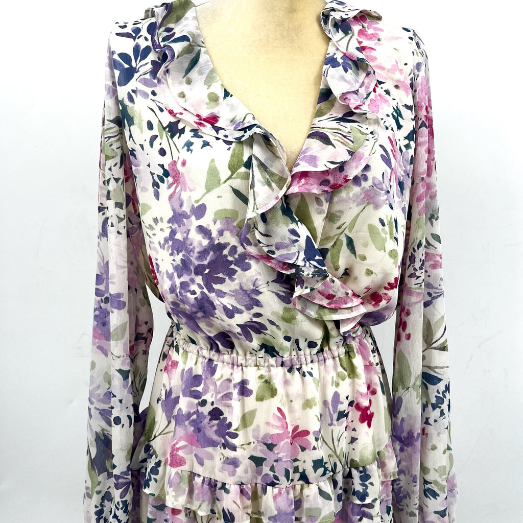 Lauren Ralph Lauren Surplice Dress Size 12 Pink Floral Crinkle Georgette NWT