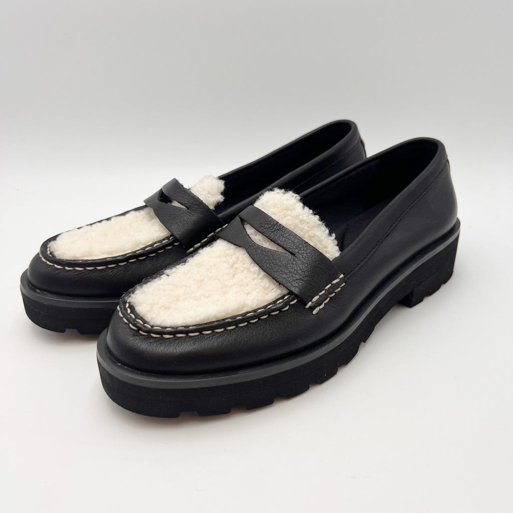 Sperry Womens Chunky Penny Loafers Size 6.5 M Black Leather Shearling Top NWOB