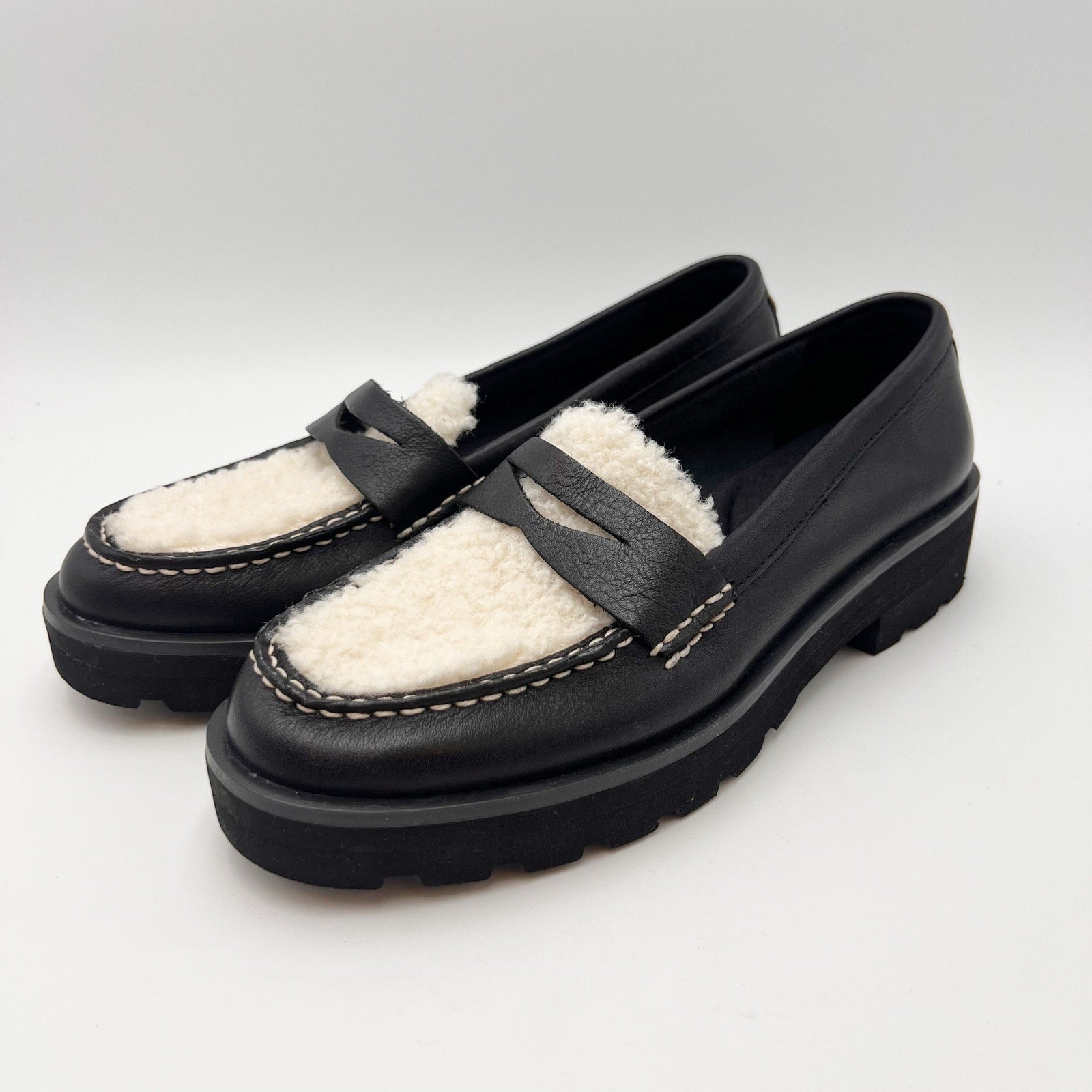 Sperry Womens Chunky Penny Loafers Size 6.5 M Black Leather Shearling Top NWOB