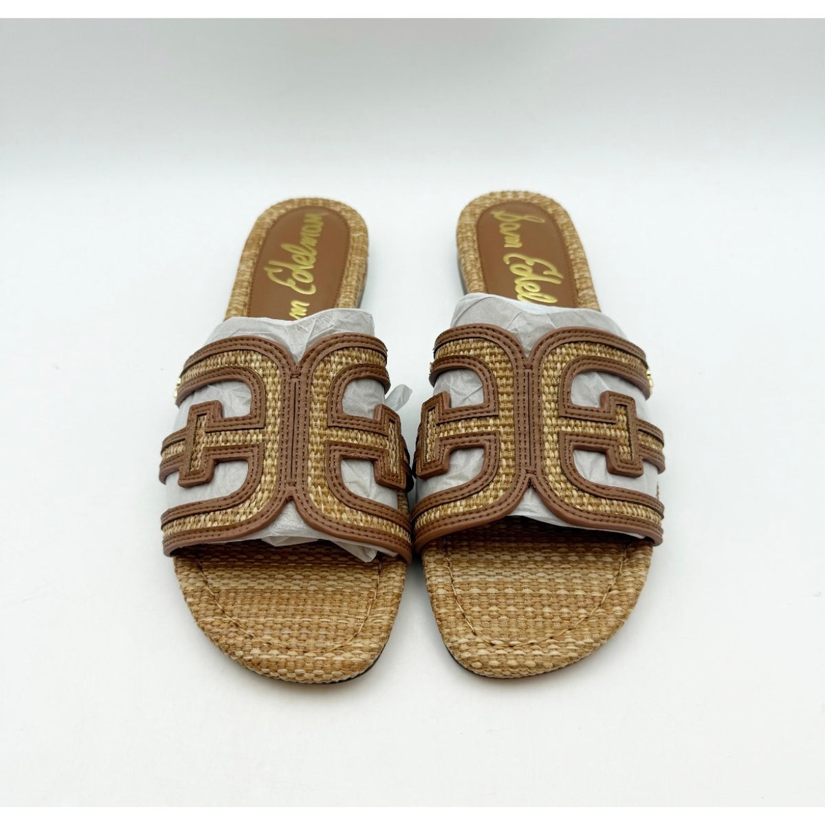 Sam Edelman Women's Bay Slide Sandals Size 7 EU 37 Tan Raffia Flats NIB