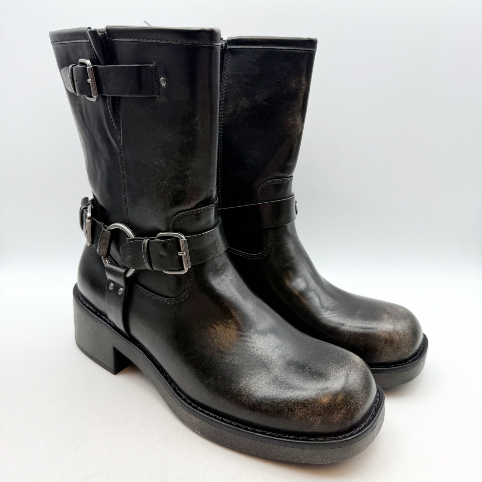Bullboxer Womens Cora Motorcycle Boots US 8.5 Black Distressed Leather NWOB