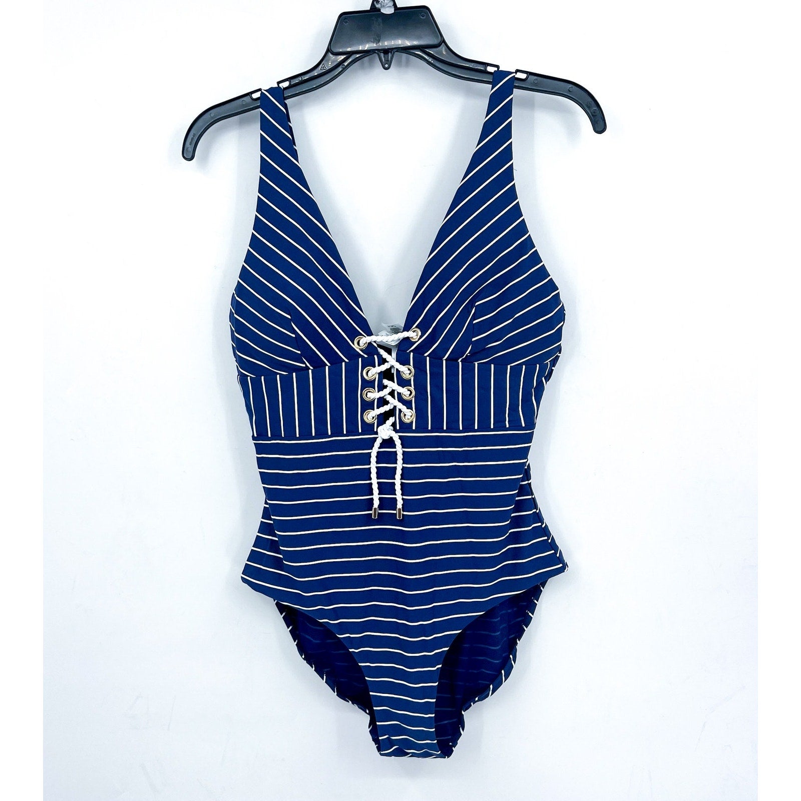 SEA LEVEL SWIM Shoreline Lace Up One Piece Swimsuit Size 10 Navy Blue White NWT