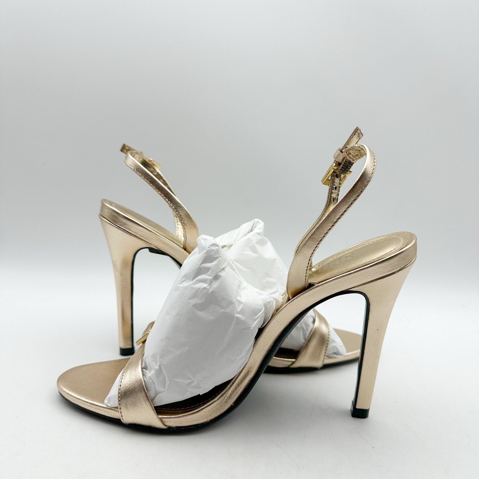 SCHUTZ Womens Aurora Sling Heeled Sandals Size 7.5 Platina Gold Stiletto NWOB