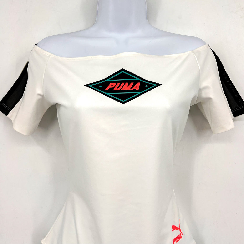 PUMA Women's XTG Bodysuit Shirt Medium White Multicolor Off Shoulder NWT