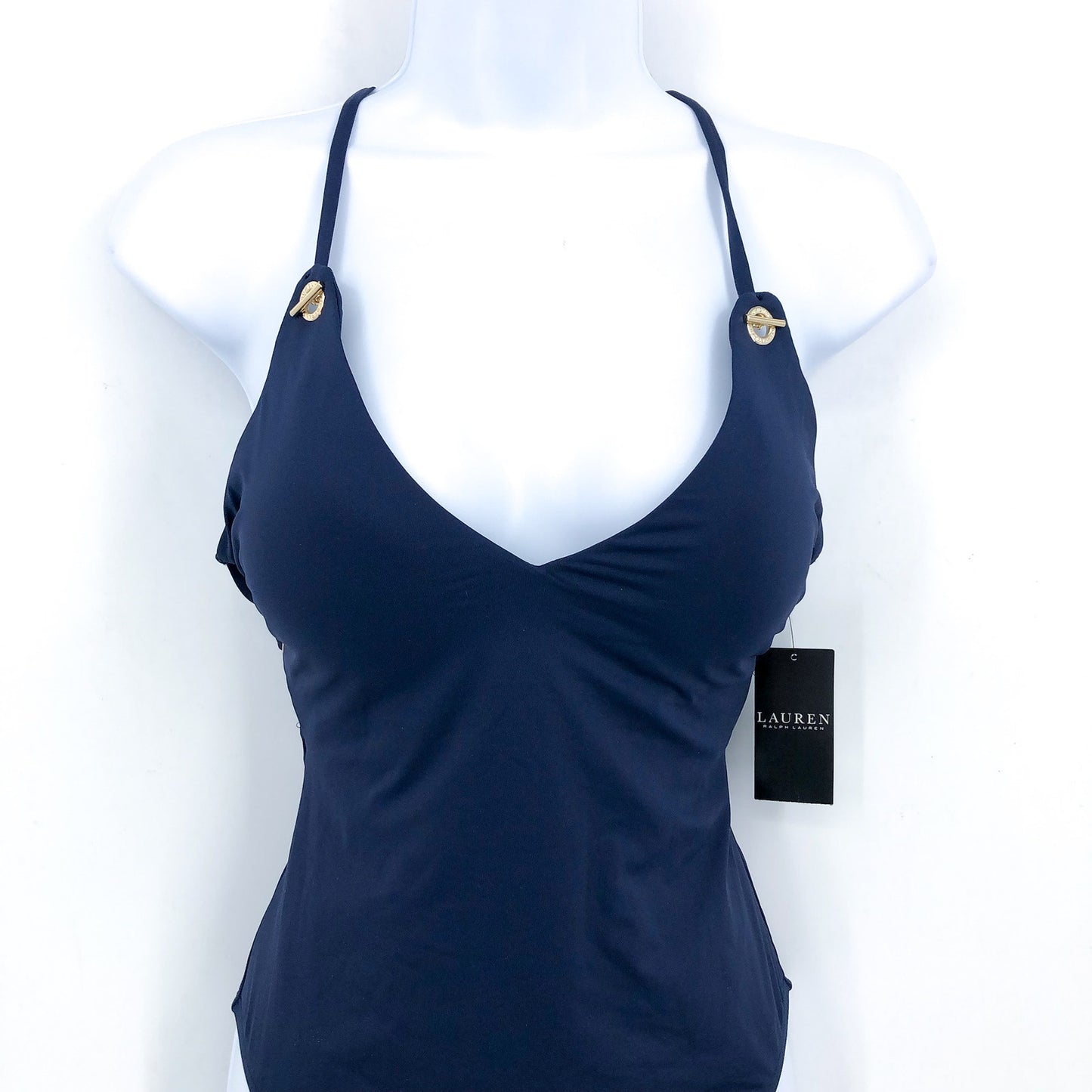 LAUREN RALPH LAUREN Strappy Plunge One-Piece Swimsuit Size 4 Blue Vneck NWT