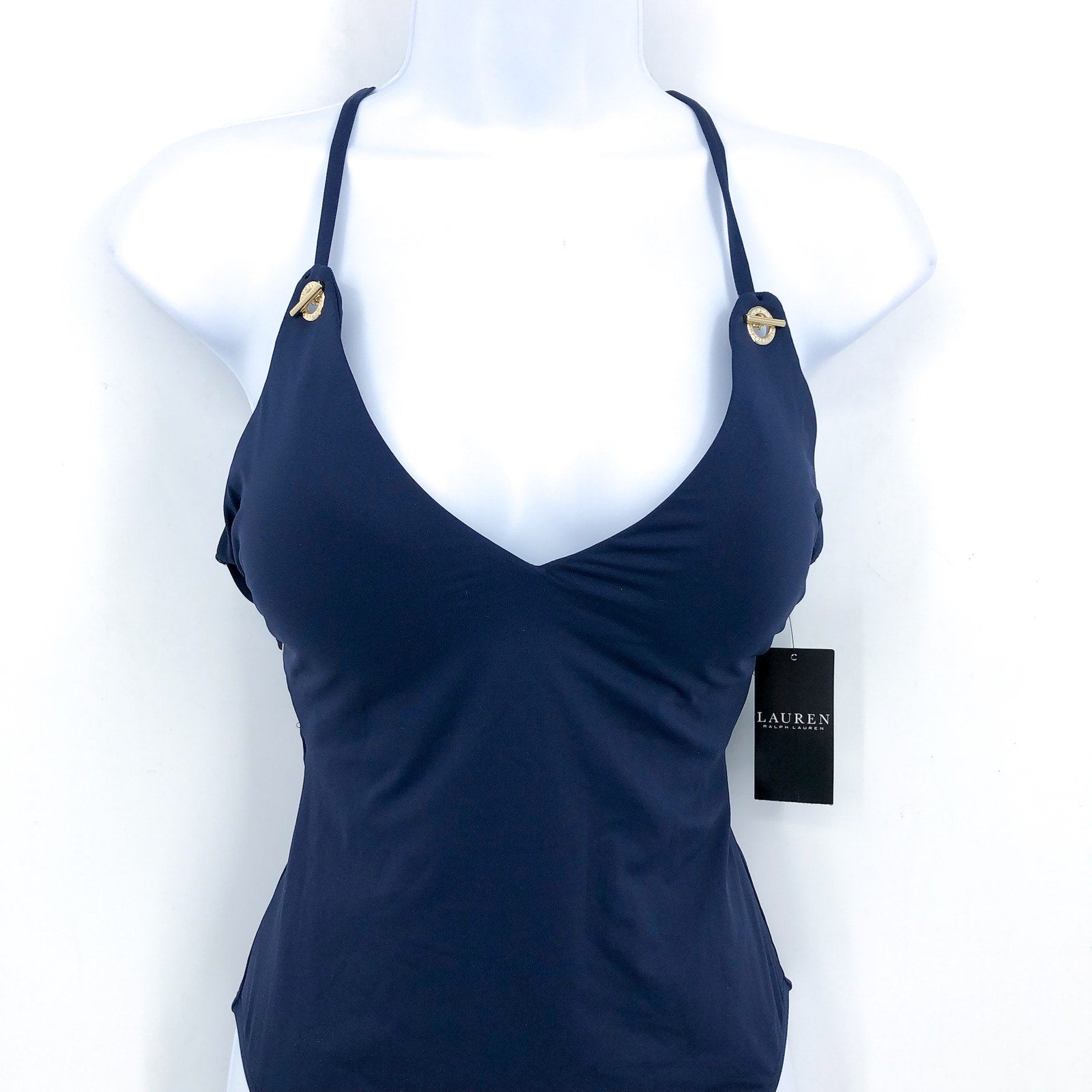 LAUREN RALPH LAUREN Strappy Plunge One-Piece Swimsuit Size 4 Blue Vneck NWT