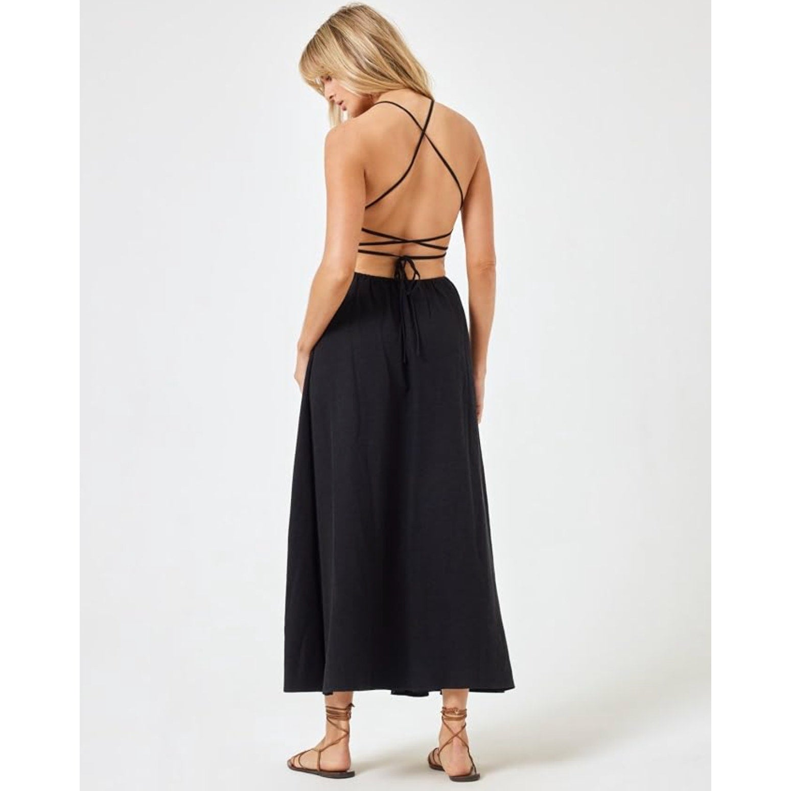L*SPACE Women's Playa Vista Maxi Dress Medium Black Criss-Cross Linen Cotton NWT