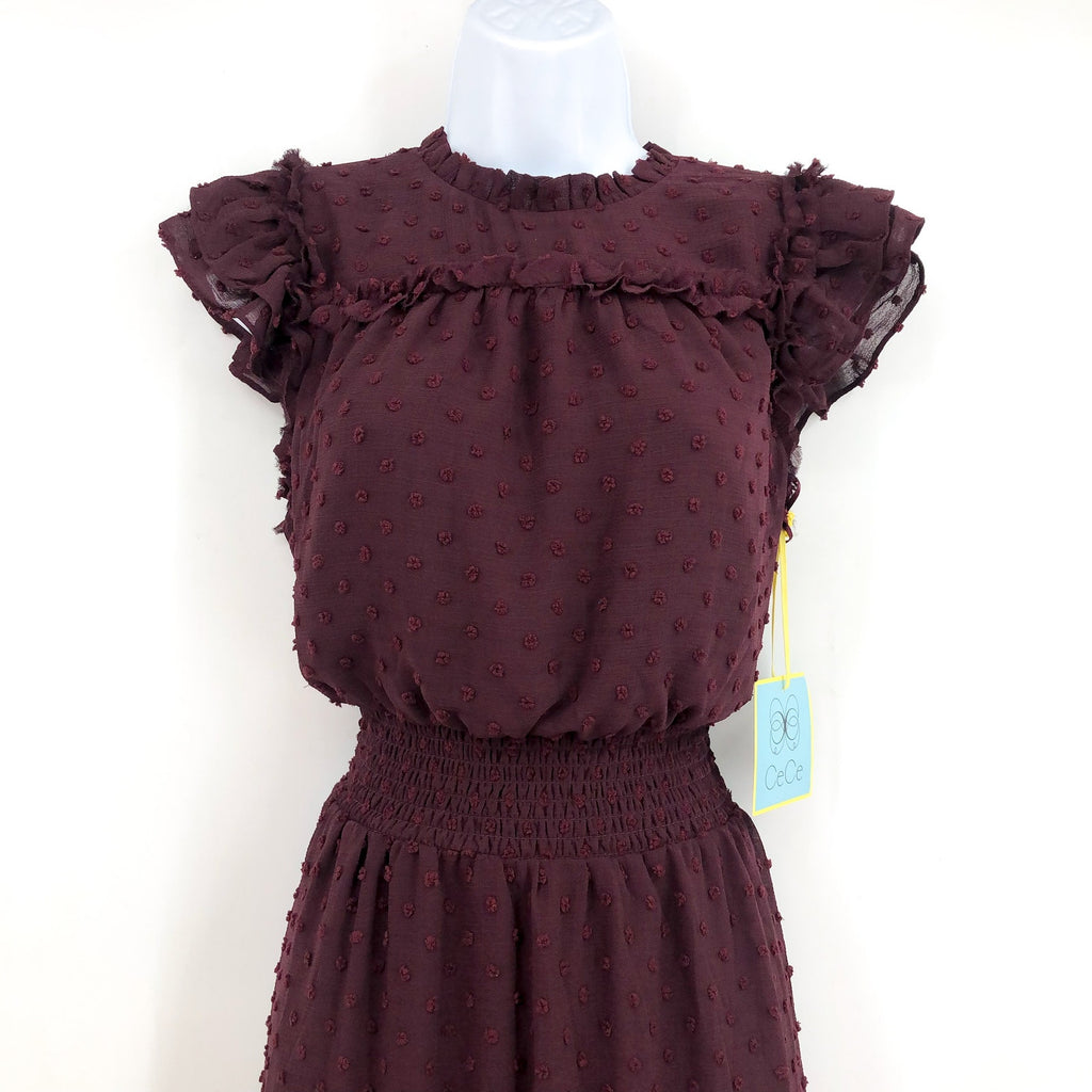 CECE Women's Ruffled Midi Dress Medium Red Rich Flutter Sleeve Swiss Dot NWT