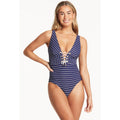 SEA LEVEL SWIM Shoreline Lace Up One Piece Swimsuit Size 10 Navy Blue White NWT
