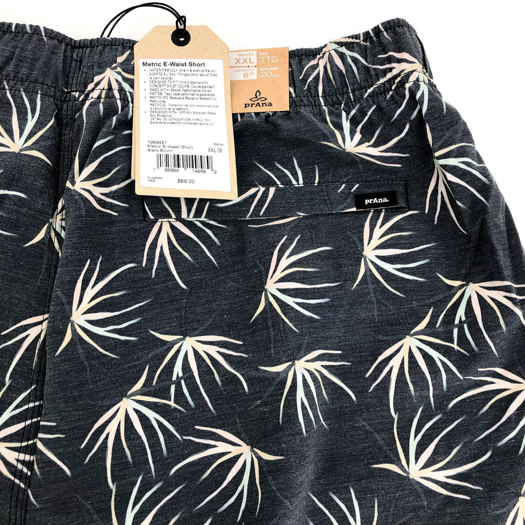 PRANA Men's Metric Board Short Size XXL Black Bloom 8" inseam Drawstring NWT