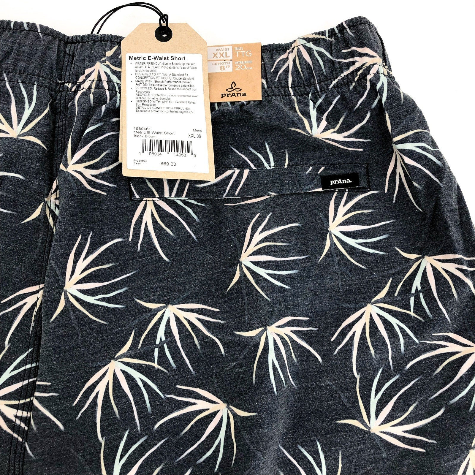 PRANA Men's Metric Board Short Size XXL Black Bloom 8" inseam Drawstring NWT