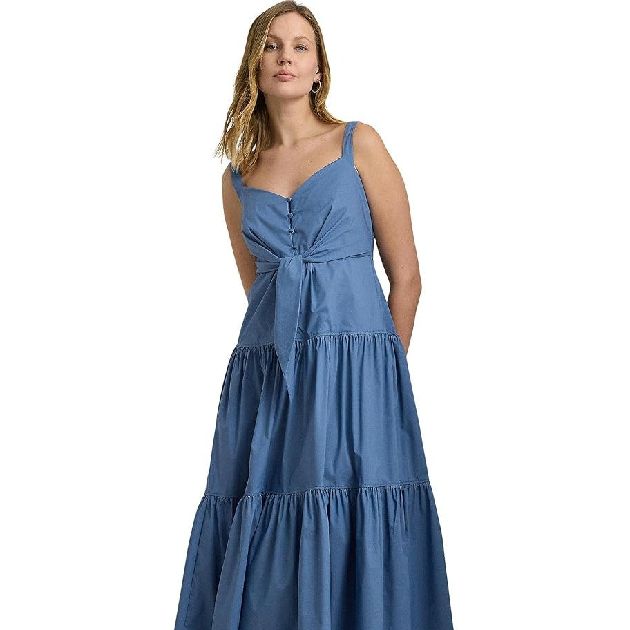 LAUREN RALPH LAUREN Tie-Front Tiered Midi Dress Size 0 Blue Sundress Tank NWT