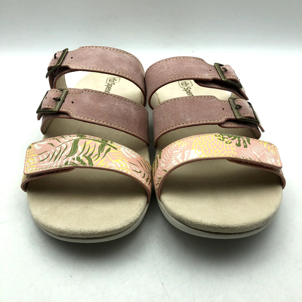 Spenco Womens Orchid Saddle Sandals Size 7.5 Pink Tan 3 Strap Slides NIB