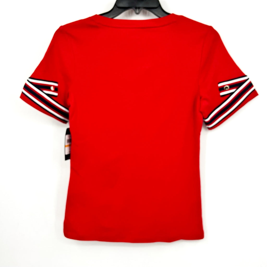 Tommy Hilfiger Womens Ribbon Cuff Logo T-Shirt Small Red Crewneck Cotton NWT