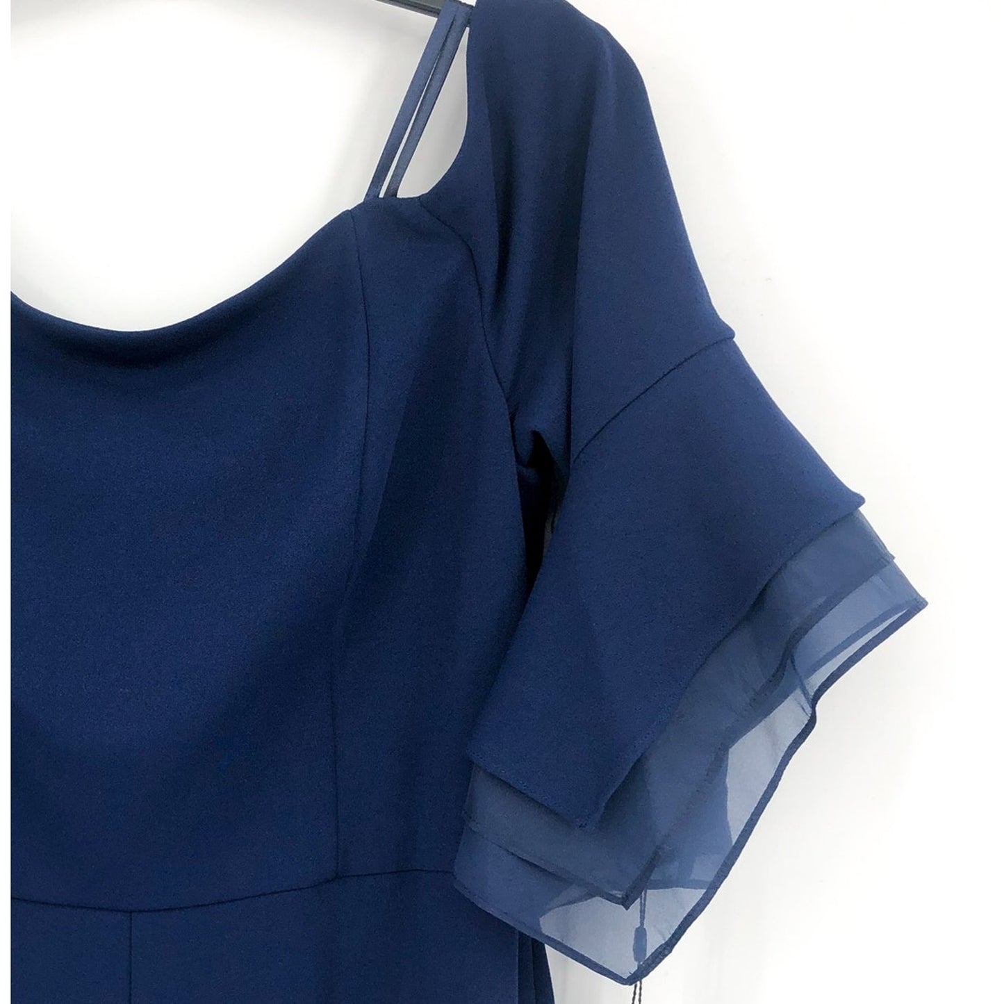 ADRIANNA PAPELL Organza Crepe Jumpsuit Size 14 Navy Blue Satin Off Shoulder NWT