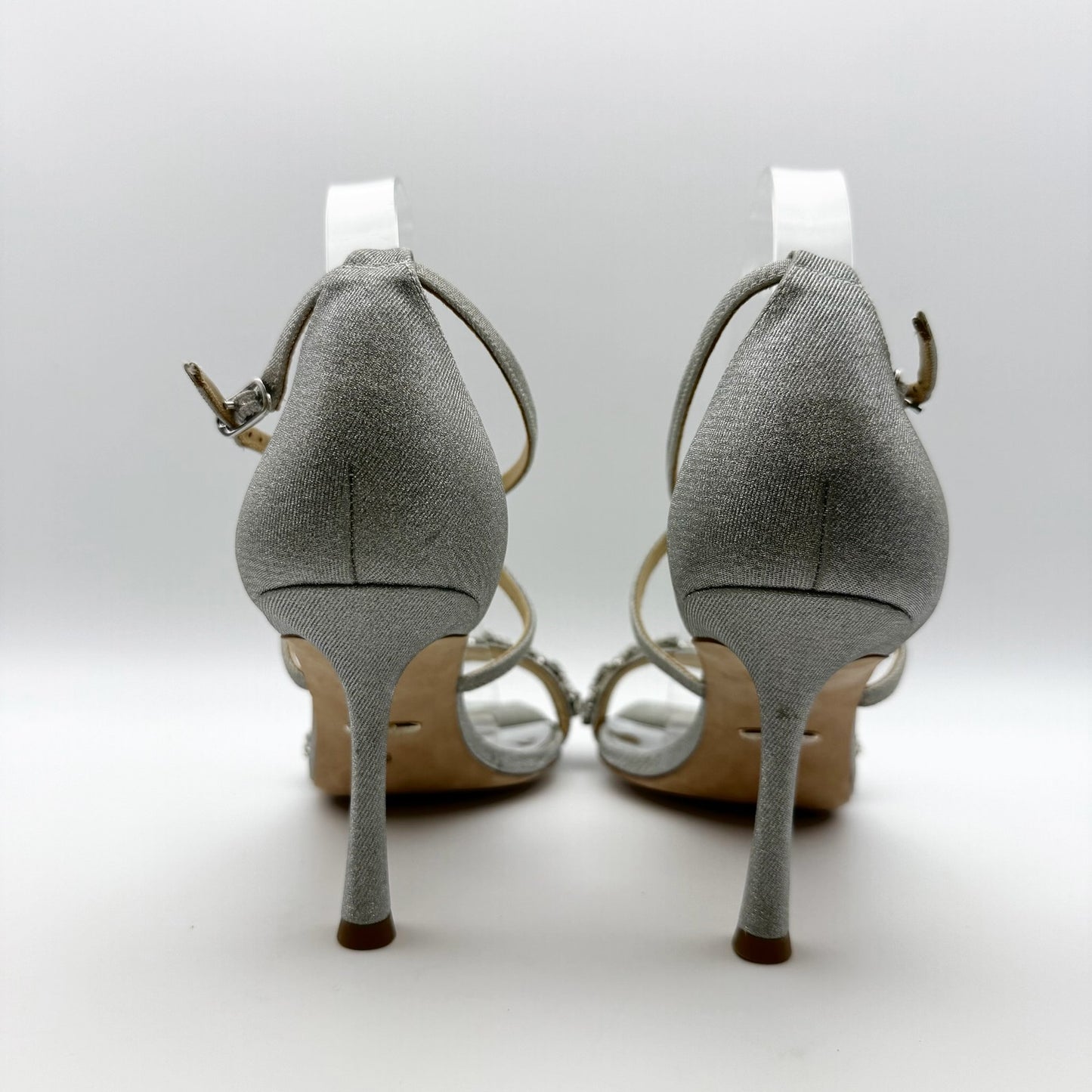 Badgley Mischka Womens Nala Glitter Strappy Heels US 8 Silver Satin NWOB