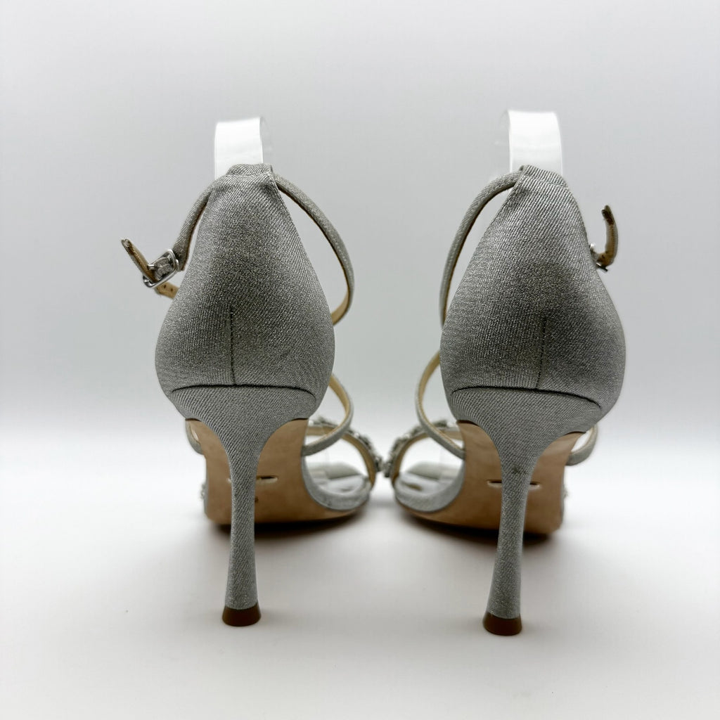 Badgley Mischka Womens Nala Glitter Strappy Heels US 8 Silver Satin NWOB