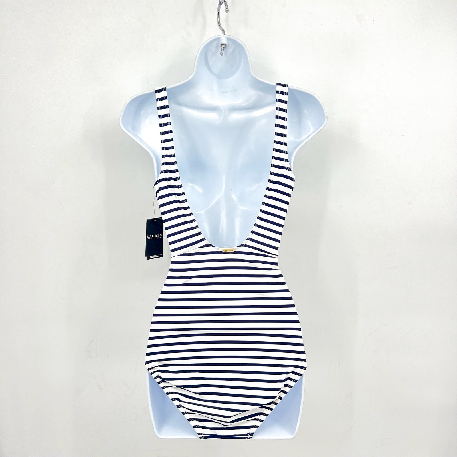 LAUREN RALPH LAUREN Luxe Stripe Laced Tank Swimsuit Size 12 Navy Blue White NWT