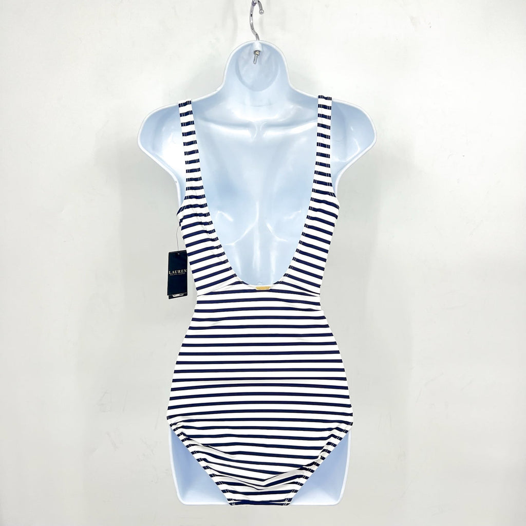 LAUREN RALPH LAUREN Luxe Stripe Laced Tank Swimsuit Size 12 Navy Blue White NWT