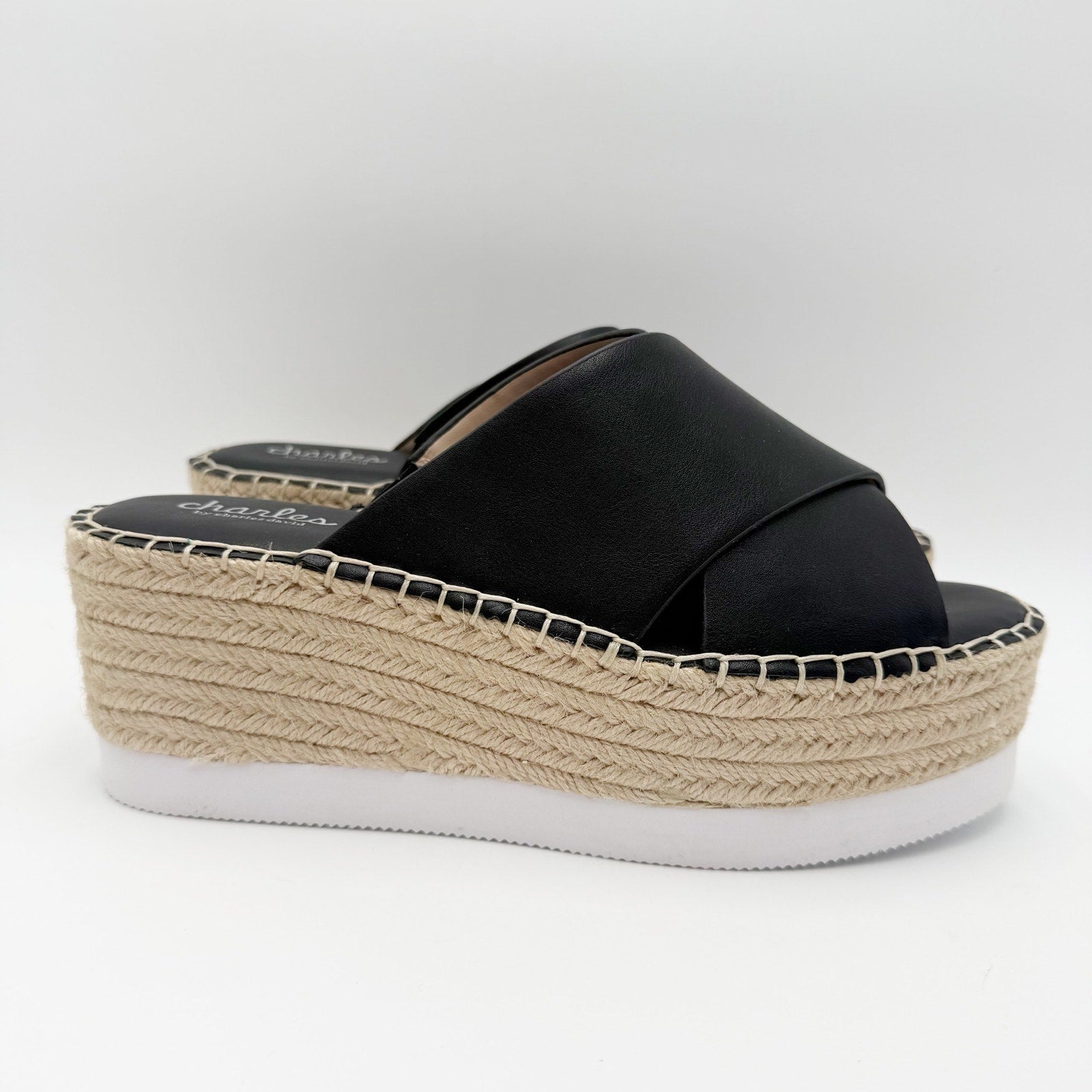 Charles David Womens Santana Wedge Sandals Size 8.5 M Black Platform Slides NWOB
