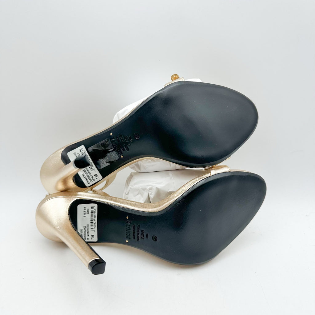 SCHUTZ Womens Aurora Sling Heeled Sandals Size 7.5 Platina Gold Stiletto NWOB