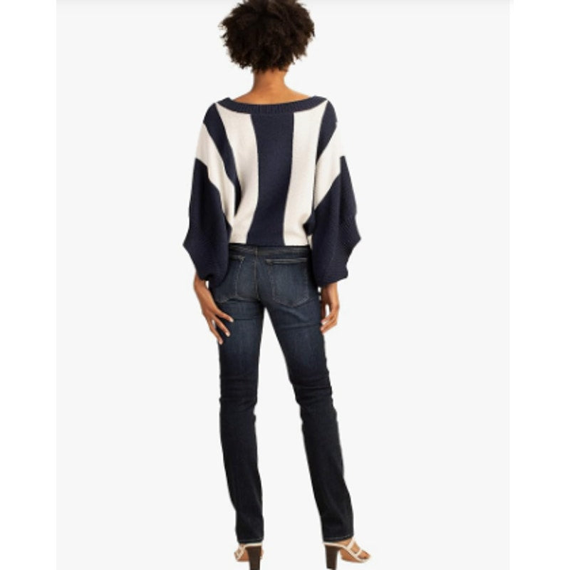 TRINA TURK Women's Horizon Striped Sweater Medium Navy White Boatneck NWT