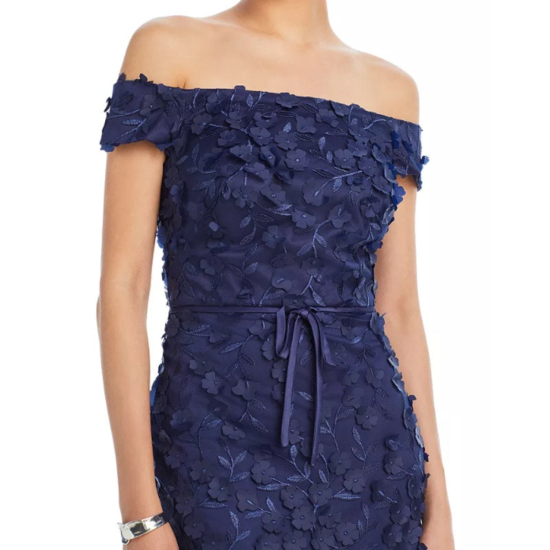 ELIZA J Women's Off The Shoulder 3D Floral Gown Size 10 Navy Blue Tie Dress NWOT