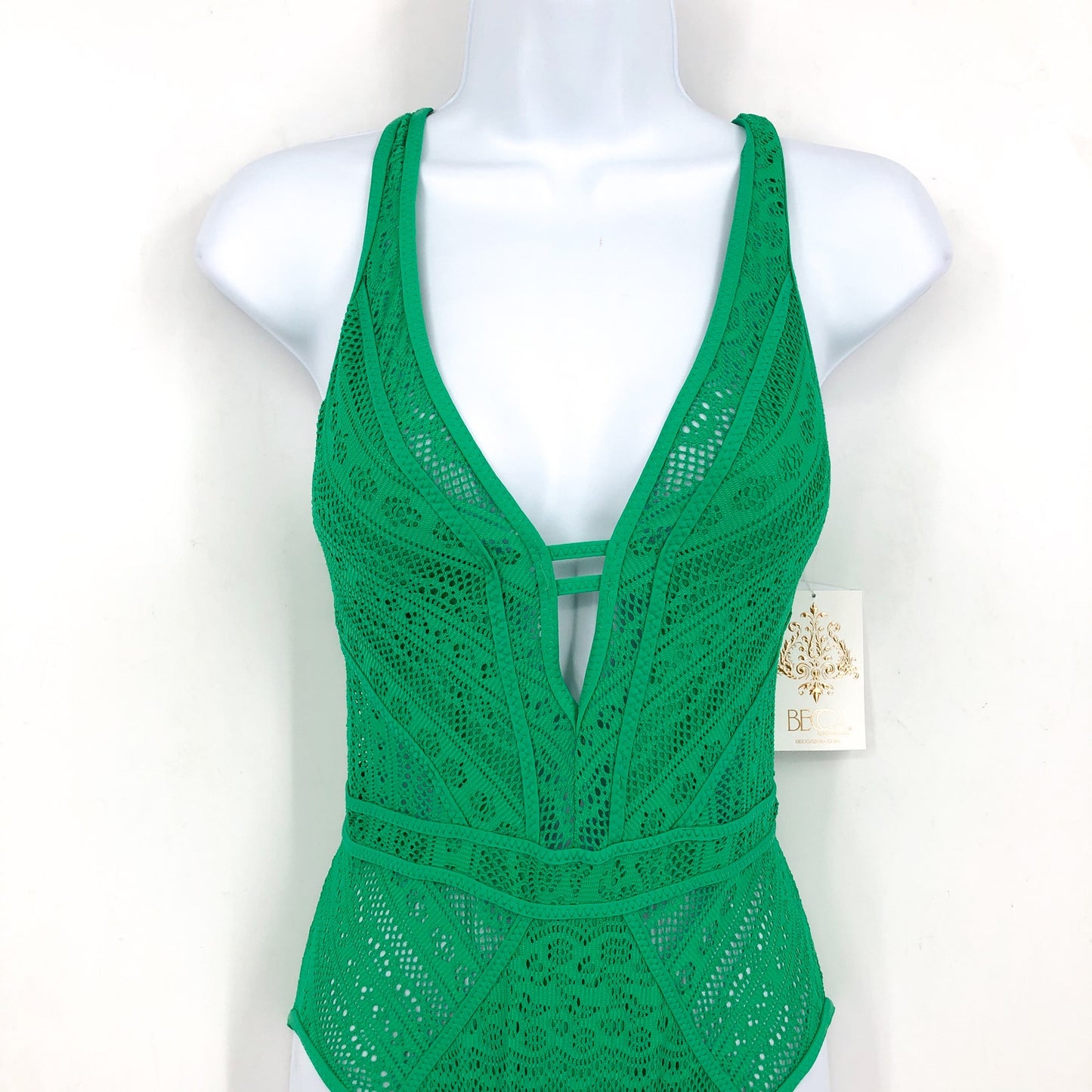 BECCA SWIM Women's Color Play Plunge One Piece Swimsuit Green Verde XS
