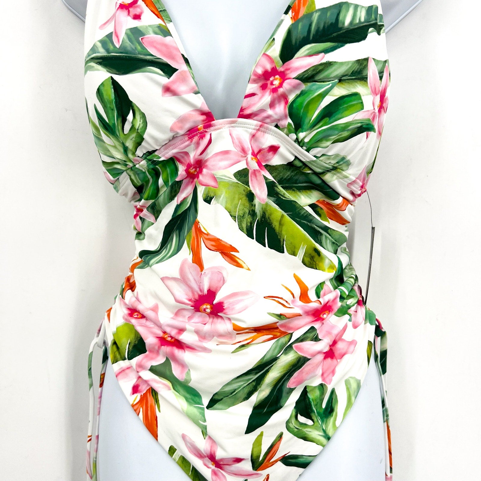 LAUREN RALPH LAUREN Plunge One Piece Swimsuit 6 White Watercolor Floral NWT