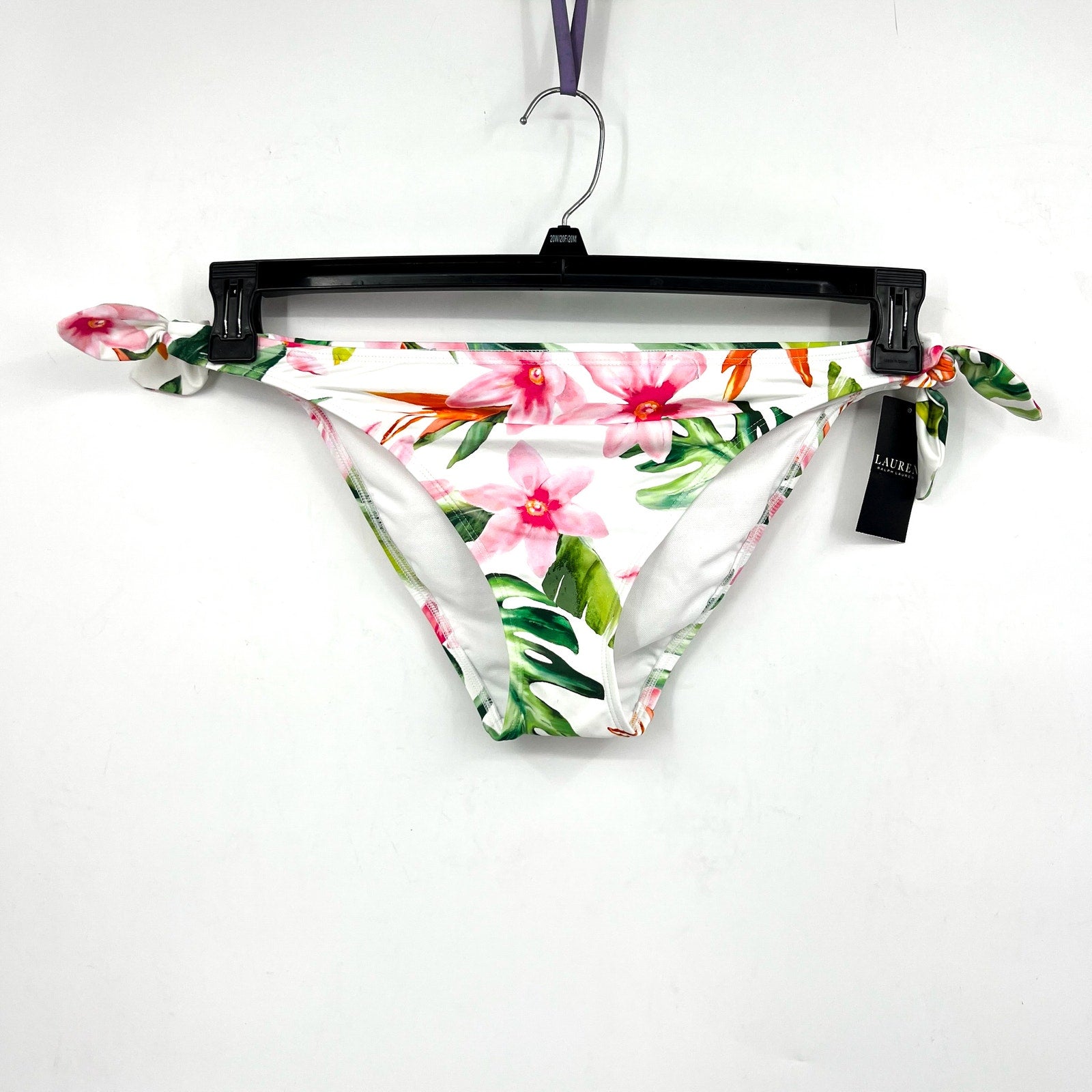 LAUREN RALPH LAUREN Hipster Bikini Bottom Size 10 White Pink Floral Side-Tie NWT