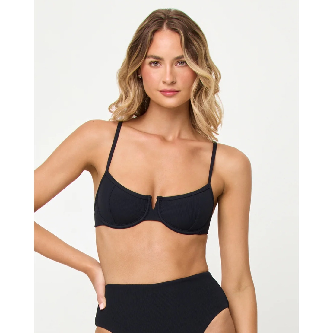 L*SPACE Women's Hunter Underwire Bikini Top Small Black V Front Tie Back NWT