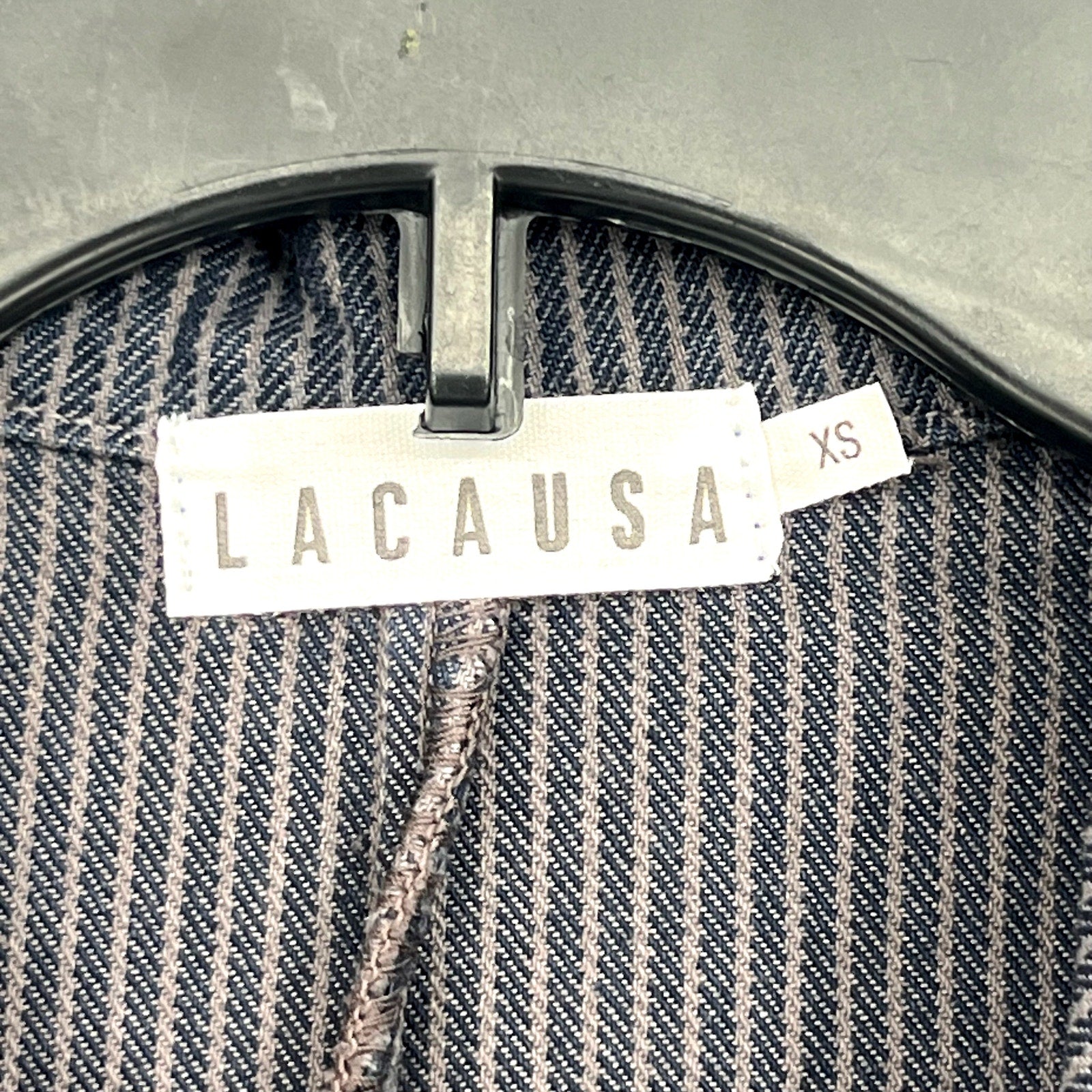 LACAUSA Womens Railroad Lucky Jumpsuit XS Dark Blue Gray Stripe Short Sleeve NWT