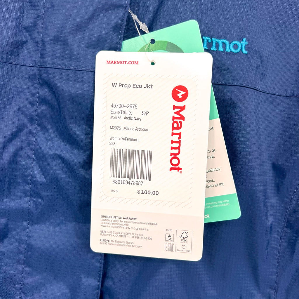 Marmot Womens PreCip Eco Rain Jacket Small Arctic Navy Blue Waterproof NWT