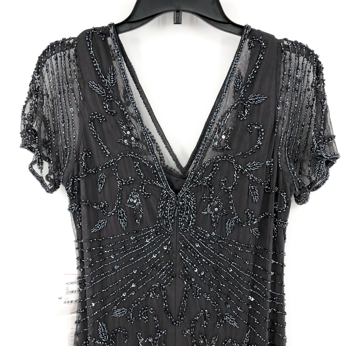 PISARRO NIGHTS Women's Beaded Mesh Column Gown Size 12 Gray Short Sleeve NWT