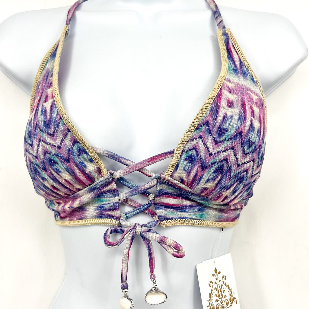 BECCA Women's Tulum Halter Bikini Top Small Purple Multi Printed Lace Front NWT