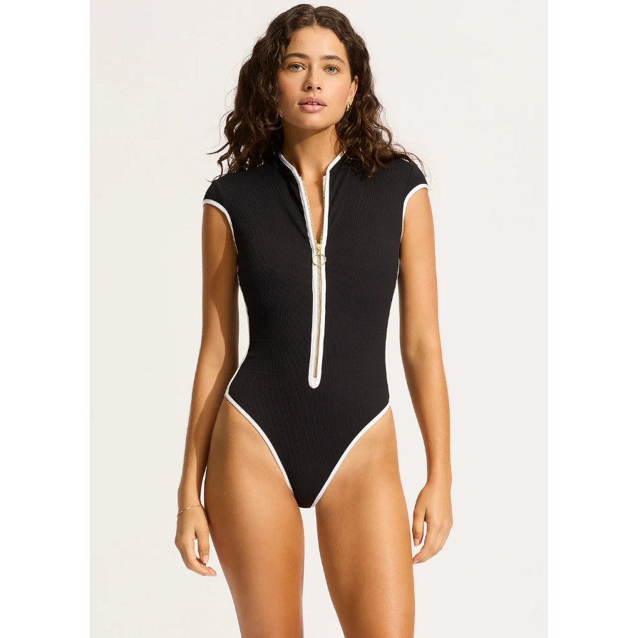 SEAFOLLY Women's Beach Bound One Piece Swimsuit Size 4 Black Zip Cap Sleeve NWT
