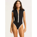 SEAFOLLY Women's Beach Bound One Piece Swimsuit Size 4 Black Zip Cap Sleeve NWT