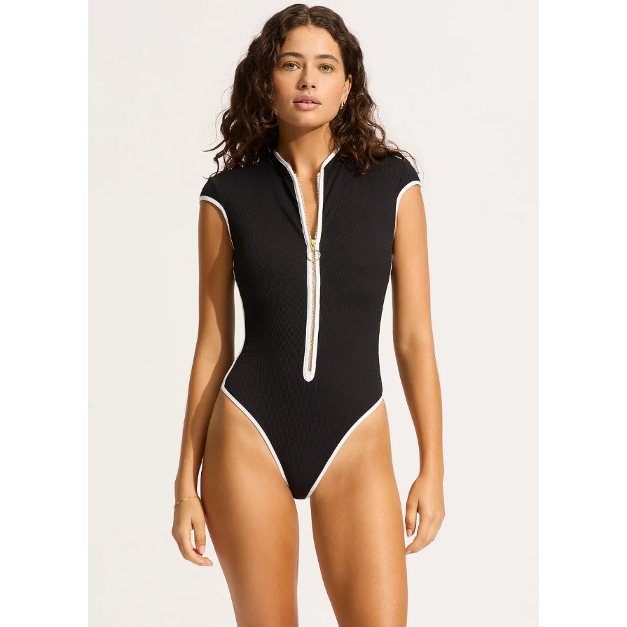 SEAFOLLY Women's Beach Bound One Piece Swimsuit Size 4 Black Zip Cap Sleeve NWT
