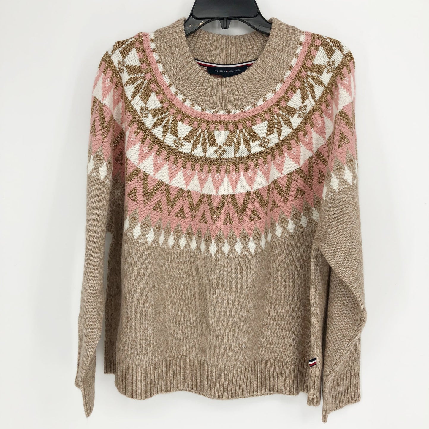 TOMMY HILFIGER Womens Pullover Sweater 1X Tan Pink Knit Metallic Fairisle NWT